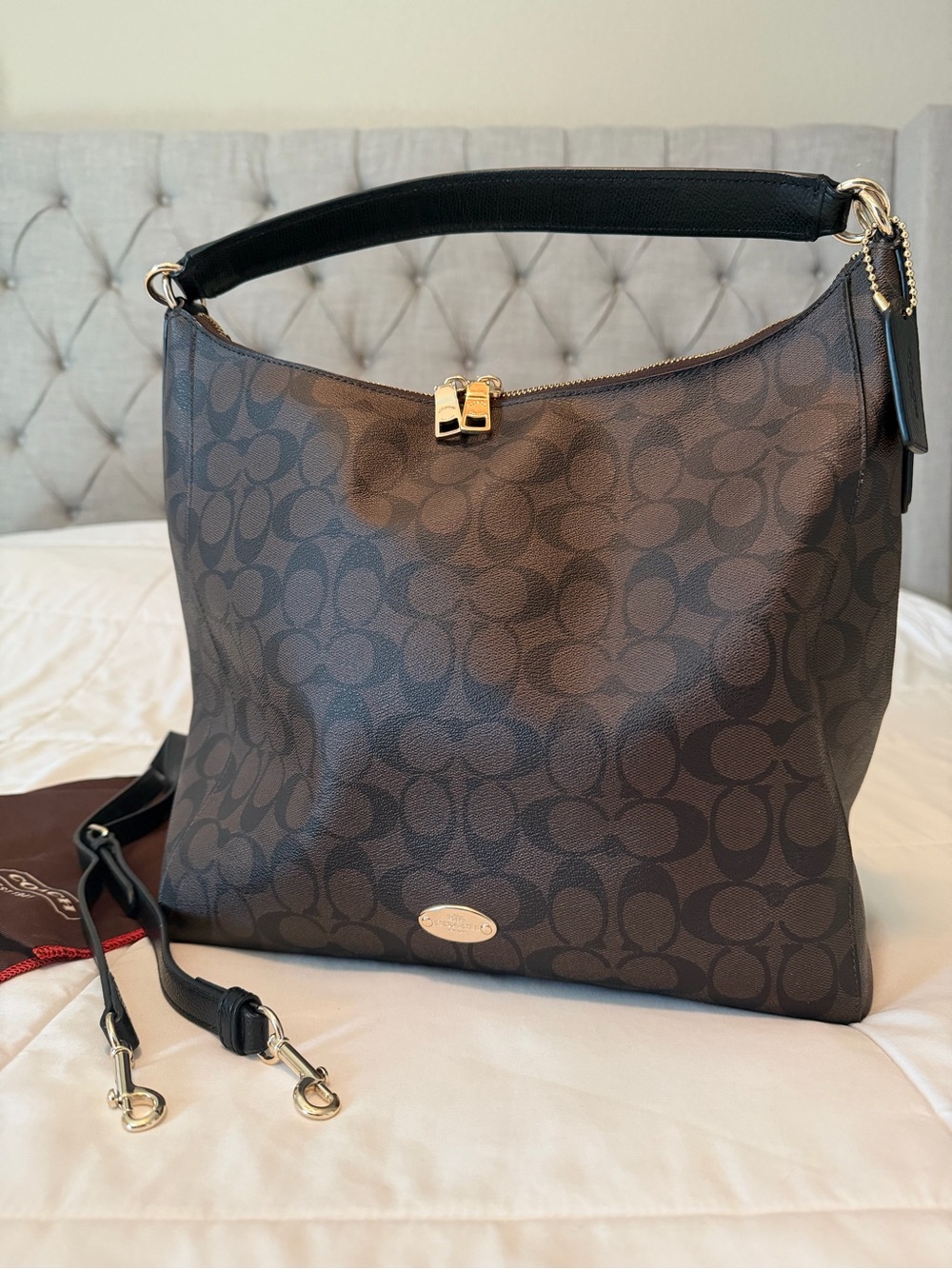 Coach Dark Brown Monogram Shoulder Hobo with Black Handle and Gold Hardware